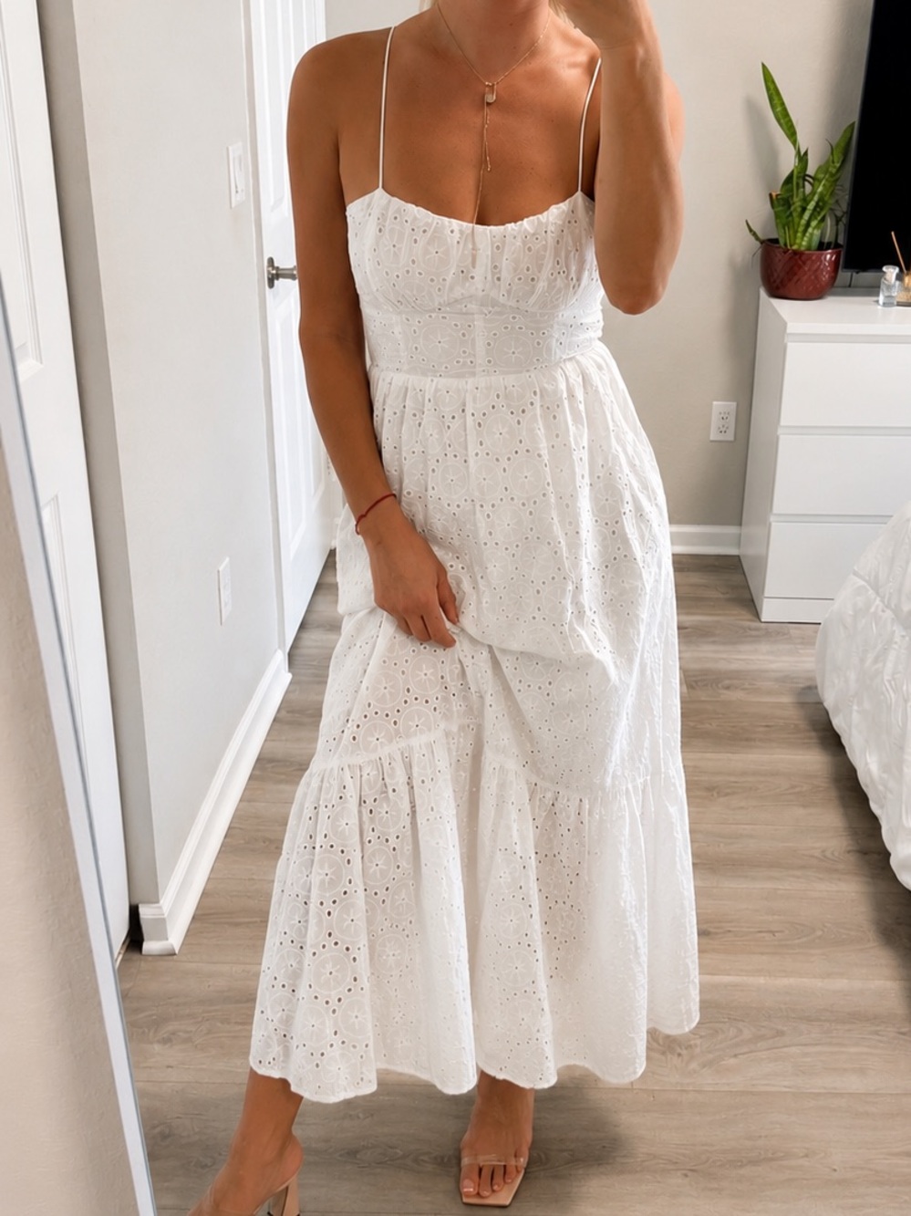 Zara White Eyelet Spaghetti Strap Midi Dress